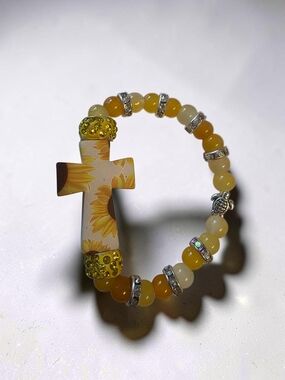 Handcrafted Yellow Jadeite Sunflower Cross Turtle Stretch Bracelet